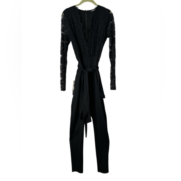 BEBE Black Long Sleeves Eye Lash Lace Cocktail Holiday Small Jumpsuit BNWT - Picture 2 of 8